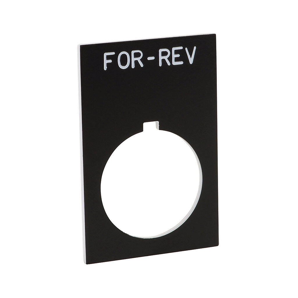ECX1670-B13 - AutomationDirect legend plate, plastic, rectangular, black field, black background, white engraved text, legend plate marking "FOR-REV". For use with 22mm pilot devices. O-ring included.