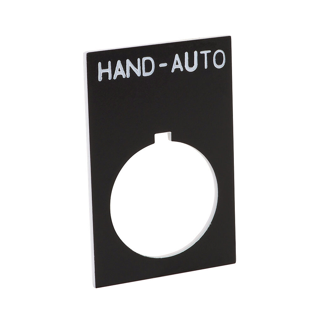 ECX1670-B14 - AutomationDirect legend plate, plastic, rectangular, black field, black background, white engraved text, legend plate marking "HAND-AUTO". For use with 22mm pilot devices. O-ring included.