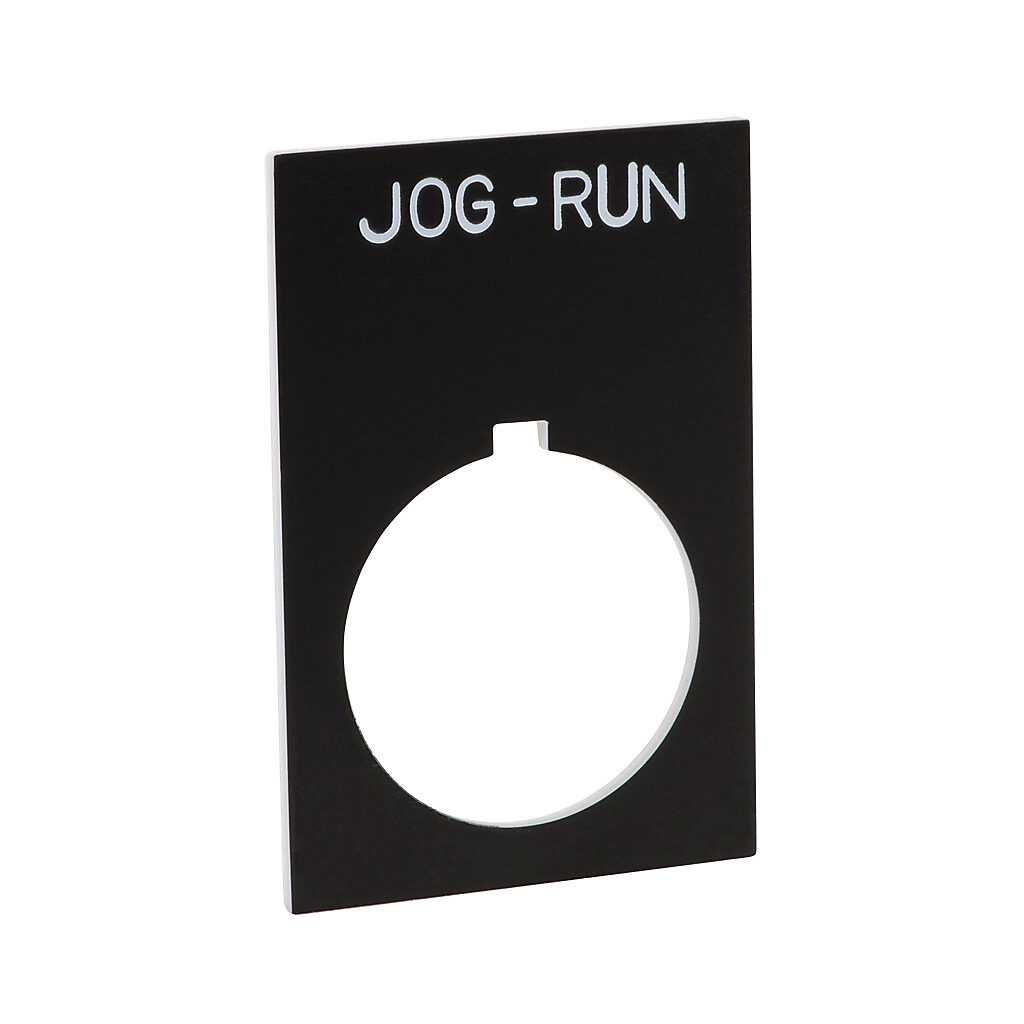 ECX1670-B15 - AutomationDirect legend plate, plastic, rectangular, black field, black background, white engraved text, legend plate marking "JOG-RUN". For use with 22mm pilot devices. O-ring included.