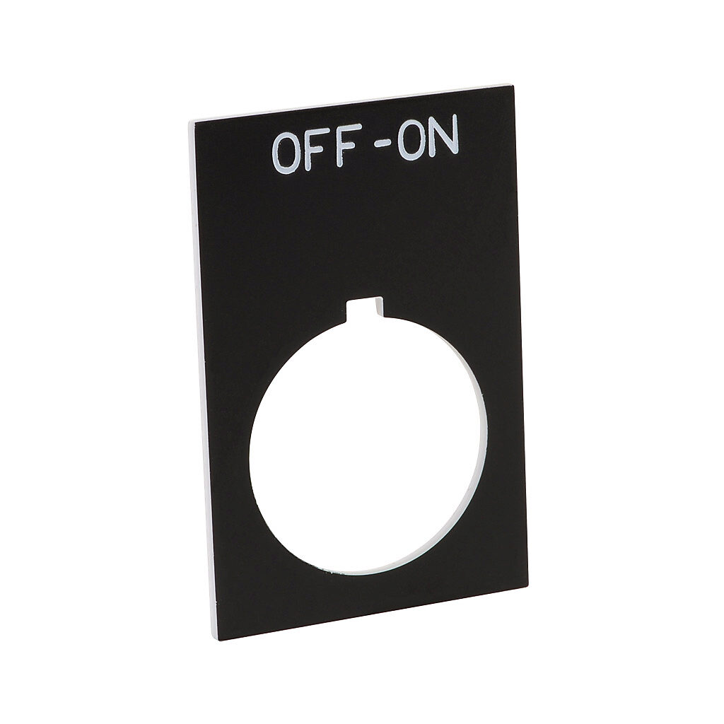 ECX1670-B16 - AutomationDirect legend plate, plastic, rectangular, black field, black background, white engraved text, legend plate marking "OFF-ON". For use with 22mm pilot devices. O-ring included.