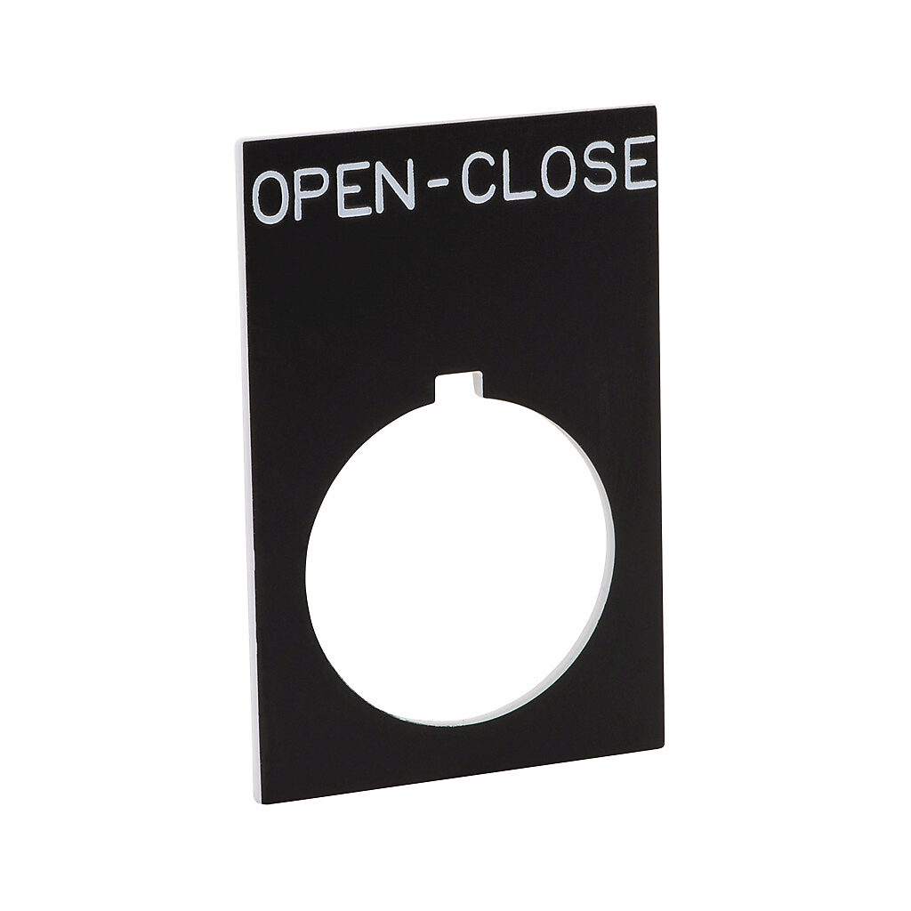 ECX1670-B17 - AutomationDirect legend plate, plastic, rectangular, black field, black background, white engraved text, legend plate marking "OPEN-CLOSE". For use with 22mm pilot devices. O-ring included.