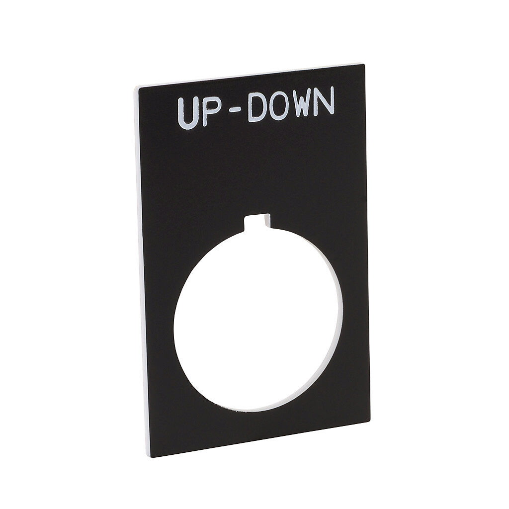 ECX1670-B18 - AutomationDirect legend plate, plastic, rectangular, black field, black background, white engraved text, legend plate marking "UP-DOWN". For use with 22mm pilot devices. O-ring included.