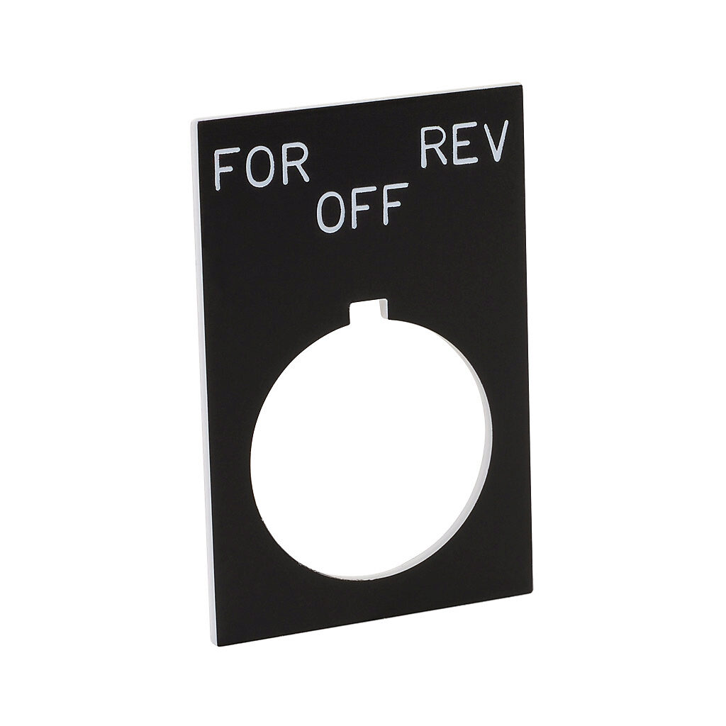 ECX1670-B19 - AutomationDirect legend plate, plastic, rectangular, black field, black background, white engraved text, legend plate marking "FOR OFF REV". For use with 22mm pilot devices. O-ring included.