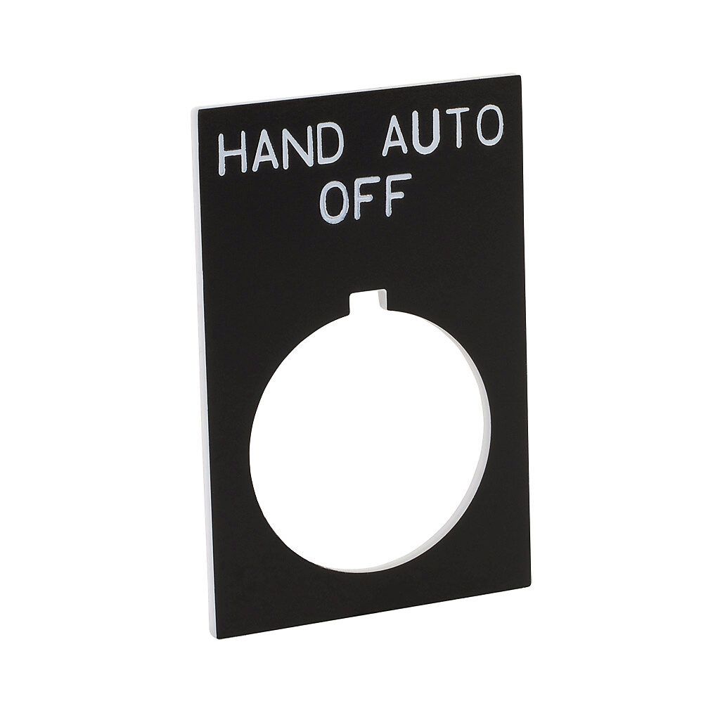ECX1670-B20 - AutomationDirect legend plate, plastic, rectangular, black field, black background, white engraved text, legend plate marking "HAND OFF AUTO". For use with 22mm pilot devices. O-ring included.