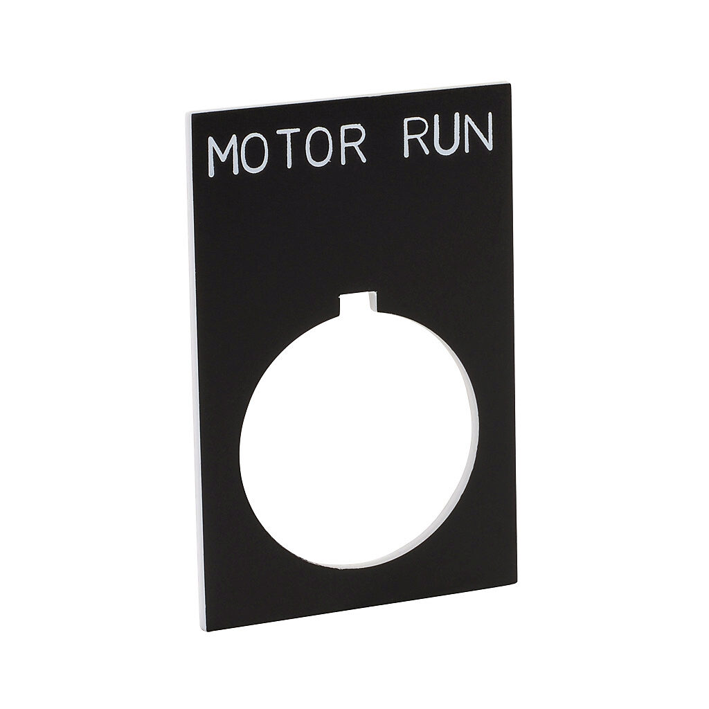ECX1670-B22 - AutomationDirect legend plate, plastic, rectangular, black field, black background, white engraved text, legend plate marking "MOTOR RUN". For use with 22mm pilot devices. O-ring included.