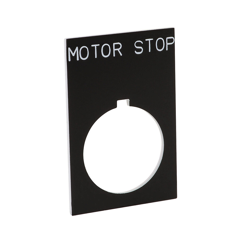 ECX1670-B23 - AutomationDirect legend plate, plastic, rectangular, black field, black background, white engraved text, legend plate marking "MOTOR STOP". For use with 22mm pilot devices. O-ring included.