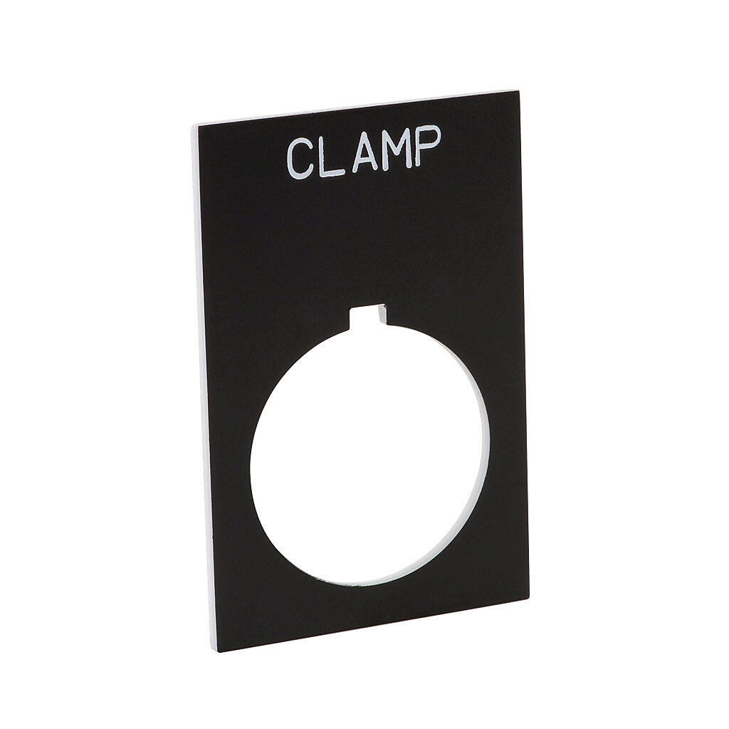ECX1670-B24 - AutomationDirect legend plate, plastic, rectangular, black field, black background, white engraved text, legend plate marking "CLAMP". For use with 22mm pilot devices. O-ring included.