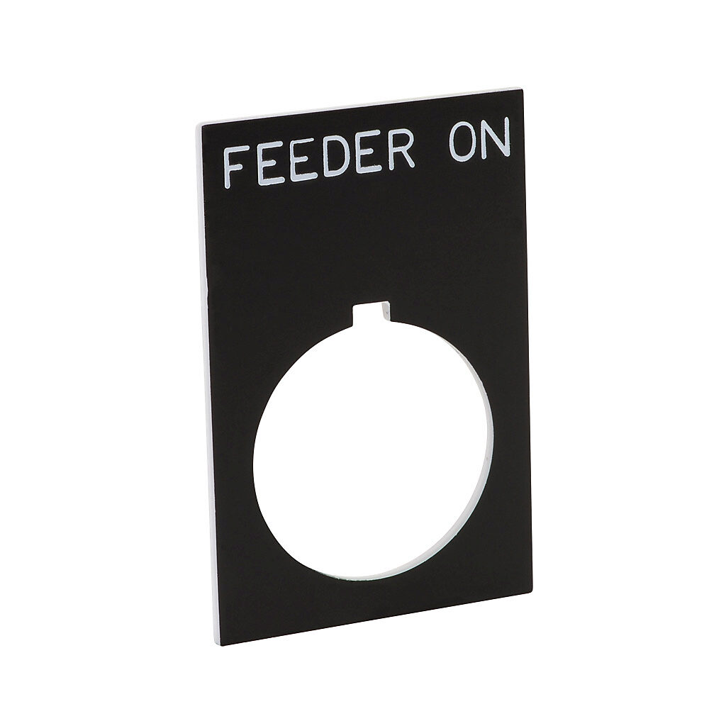 ECX1670-B25 - AutomationDirect legend plate, plastic, rectangular, black field, black background, white engraved text, legend plate marking "FEEDER ON". For use with 22mm pilot devices. O-ring included.