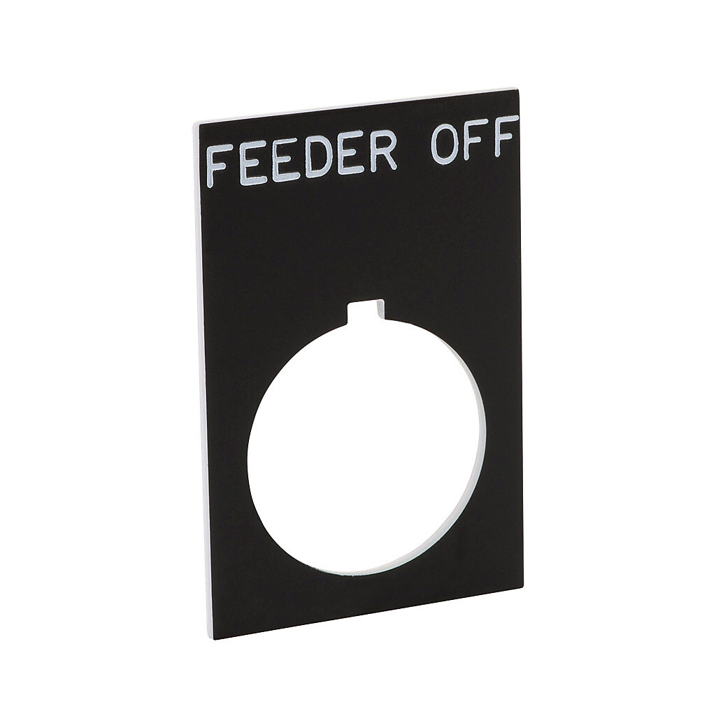 ECX1670-B26 - AutomationDirect legend plate, plastic, rectangular, black field, black background, white engraved text, legend plate marking "FEEDER OFF". For use with 22mm pilot devices. O-ring included.