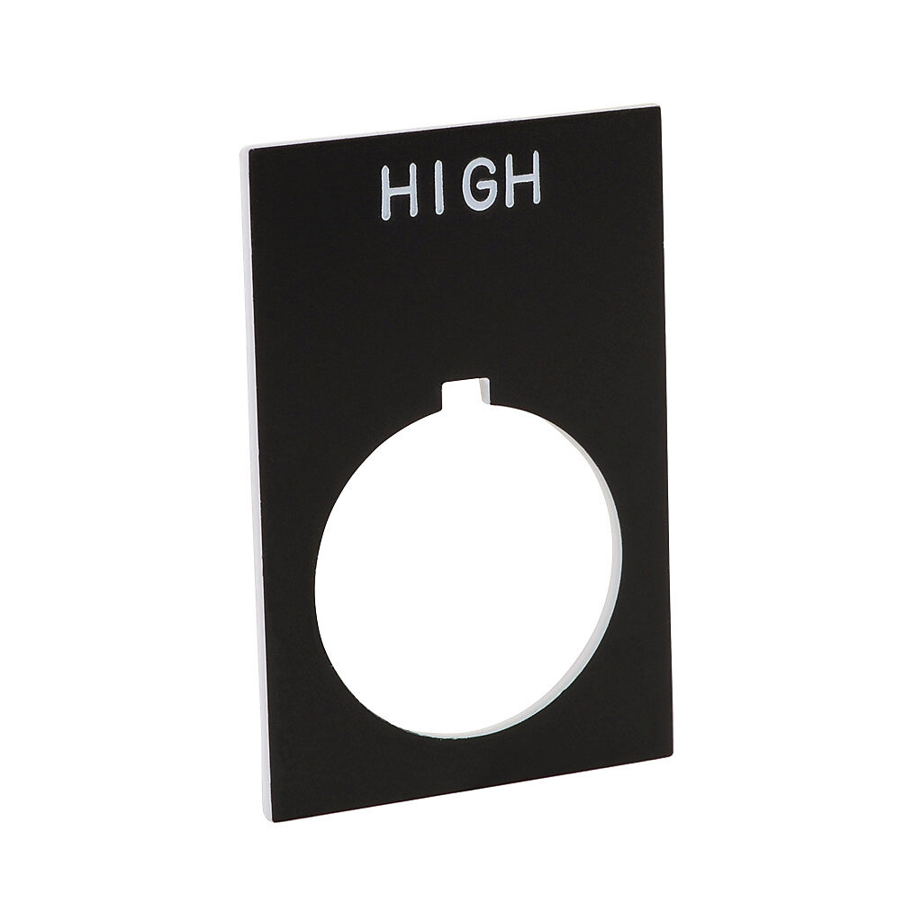 ECX1670-B27 - AutomationDirect legend plate, plastic, rectangular, black field, black background, white engraved text, legend plate marking "HIGH". For use with 22mm pilot devices. O-ring included.