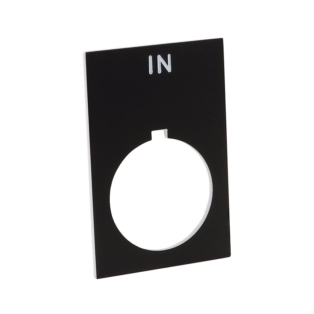 ECX1670-B28 - AutomationDirect legend plate, plastic, rectangular, black field, black background, white engraved text, legend plate marking "IN". For use with 22mm pilot devices. O-ring included.