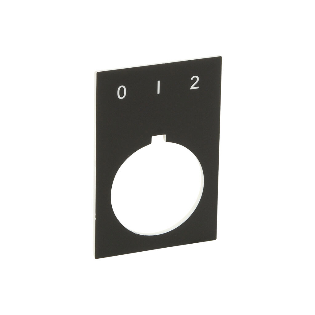 ECX1670-B56 - Comepi legend plate, plastic, rectangular, black field, black background, white engraved text, legend plate marking "0-1-2". For use with 22mm pilot devices.