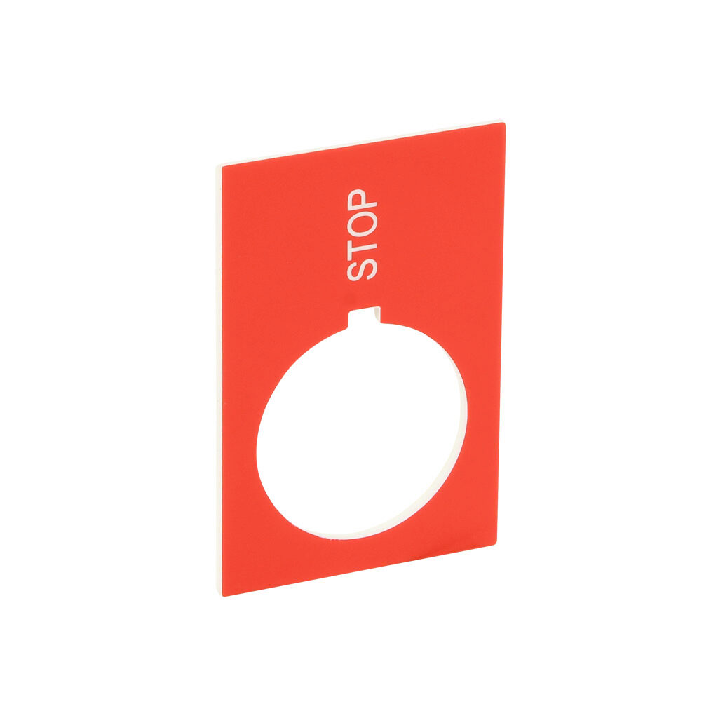 ECX1670-R11-90 - Comepi legend plate, plastic, rectangular, red field, red background, white engraved text, legend plate marking "STOP". For use with 22mm pilot devices.