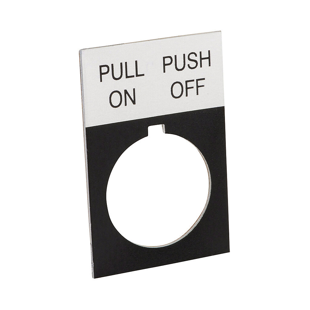 ECX1670A-B50 - AutomationDirect legend plate, aluminum, rectangular, black field, silver background, black engraved text, legend plate marking "PULL ON PUSH OFF". For use with 22mm pilot devices. O-ring included.