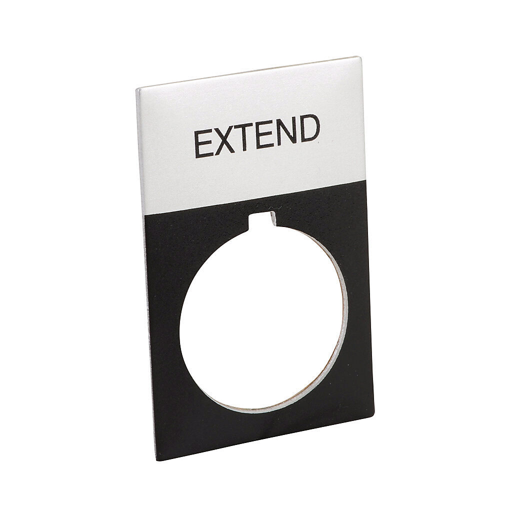 ECX1670A-B51 - AutomationDirect legend plate, aluminum, rectangular, black field, silver background, black engraved text, legend plate marking "EXTEND". For use with 22mm pilot devices. O-ring included.