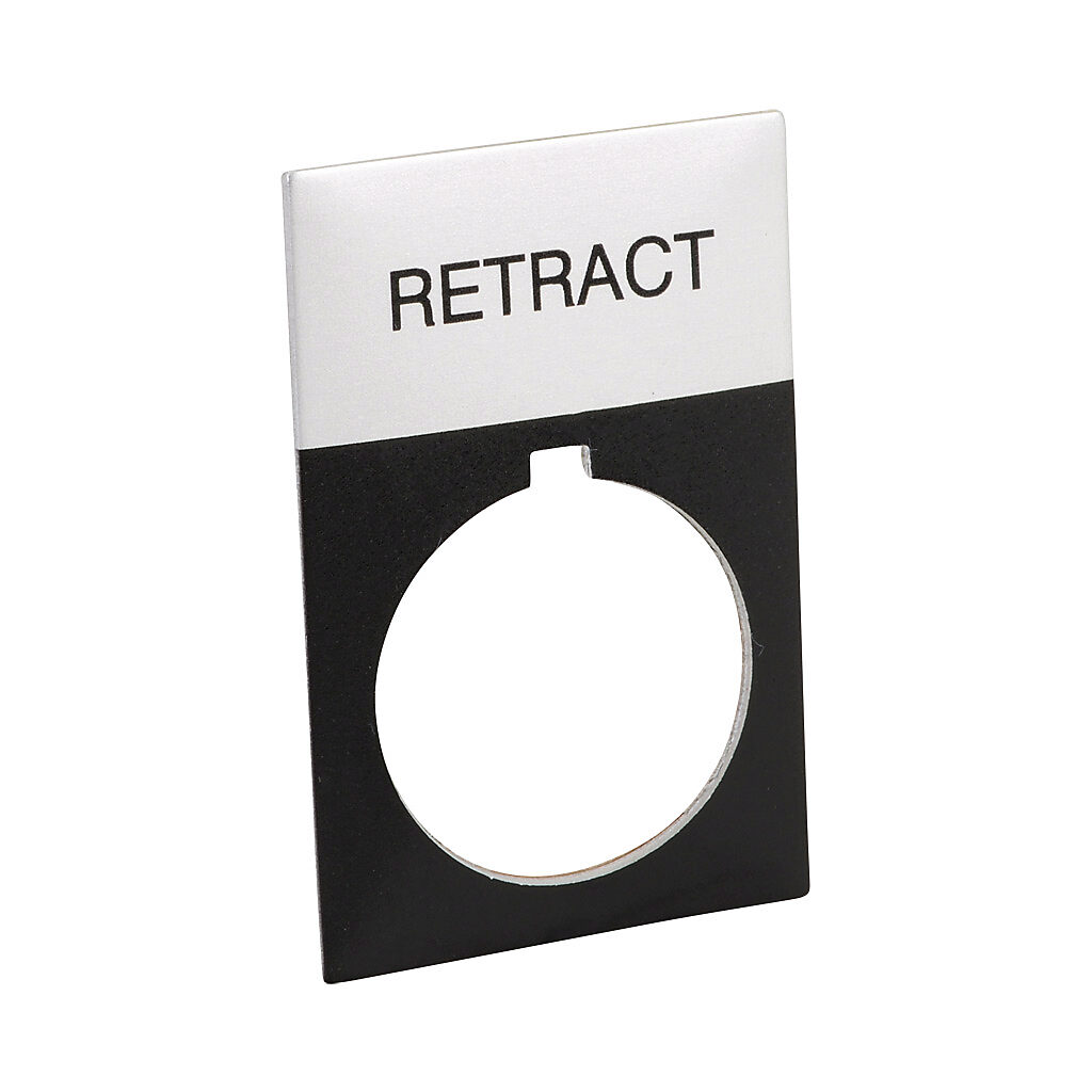 ECX1670A-B52 - AutomationDirect legend plate, aluminum, rectangular, black field, silver background, black engraved text, legend plate marking "RETRACT". For use with 22mm pilot devices. O-ring included.