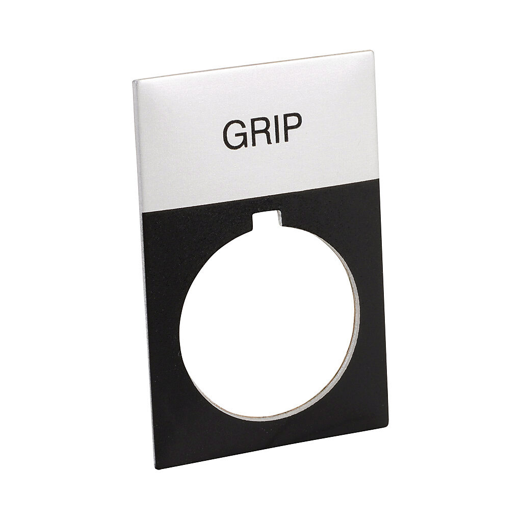ECX1670A-B53 - AutomationDirect legend plate, aluminum, rectangular, black field, silver background, black engraved text, legend plate marking "GRIP". For use with 22mm pilot devices. O-ring included.