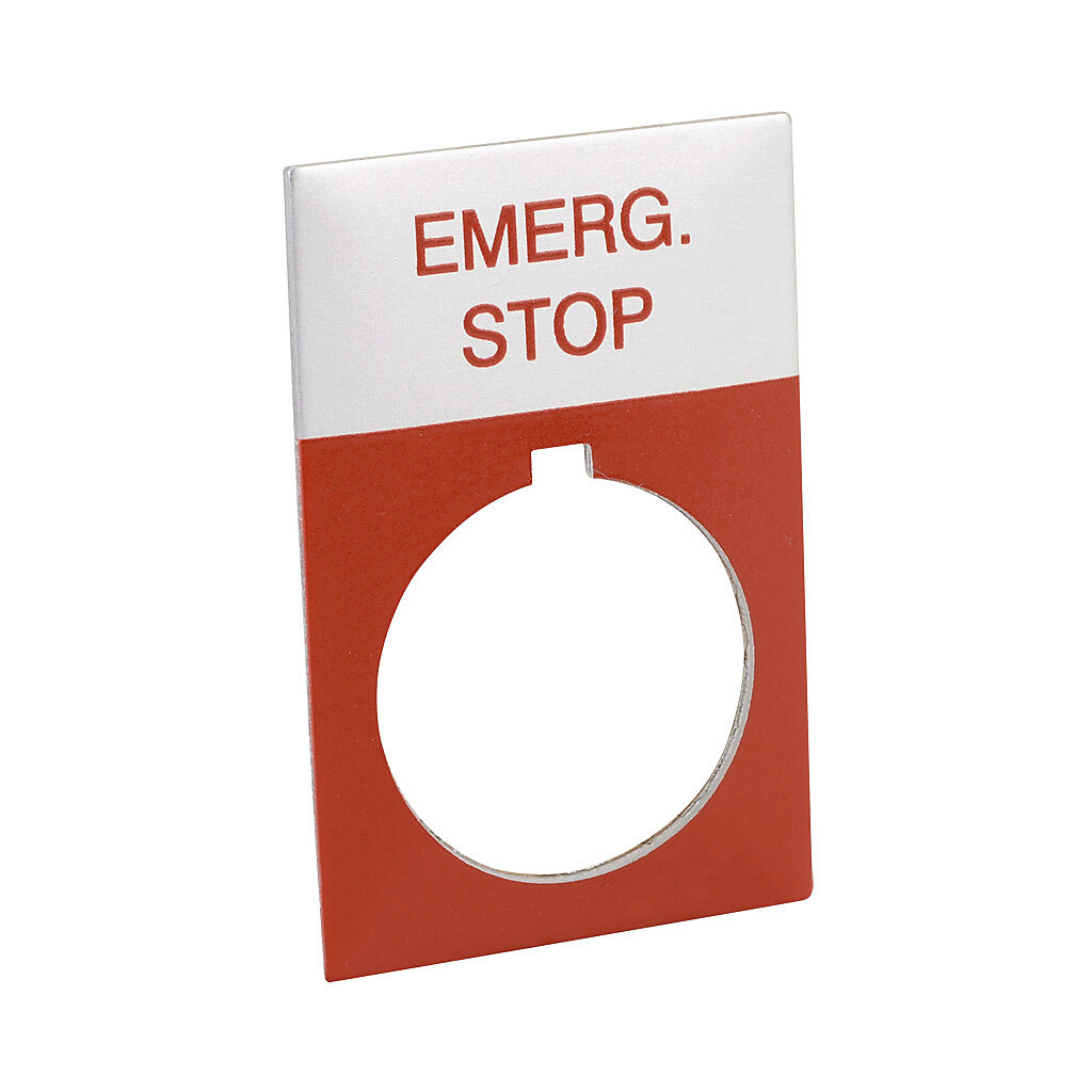 ECX1670A-R03 - AutomationDirect legend plate, aluminum, rectangular, red field, silver background, red engraved text, legend plate marking "EMERG. STOP". For use with 22mm pilot devices. O-ring included.
