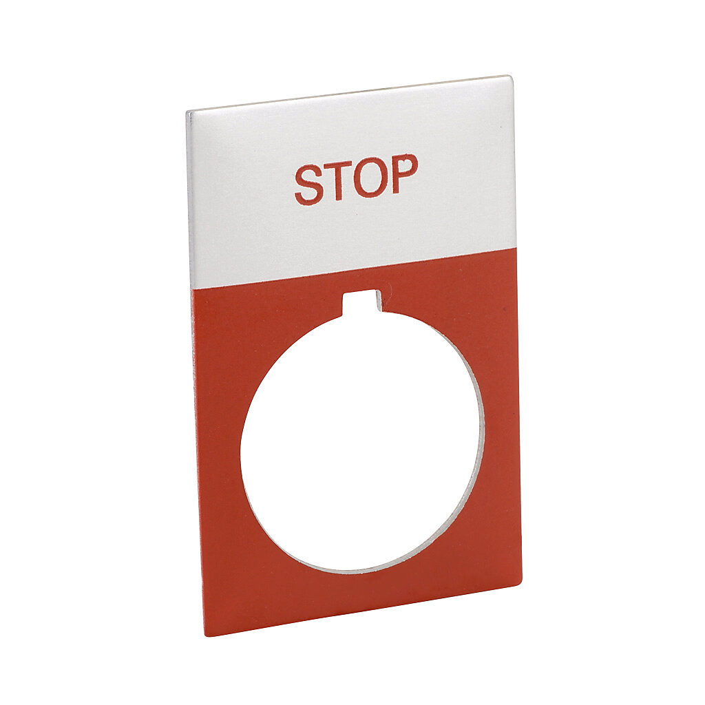 ECX1670A-R11 - AutomationDirect legend plate, aluminum, rectangular, red field, silver background, red engraved text, legend plate marking "STOP". For use with 22mm pilot devices. O-ring included.