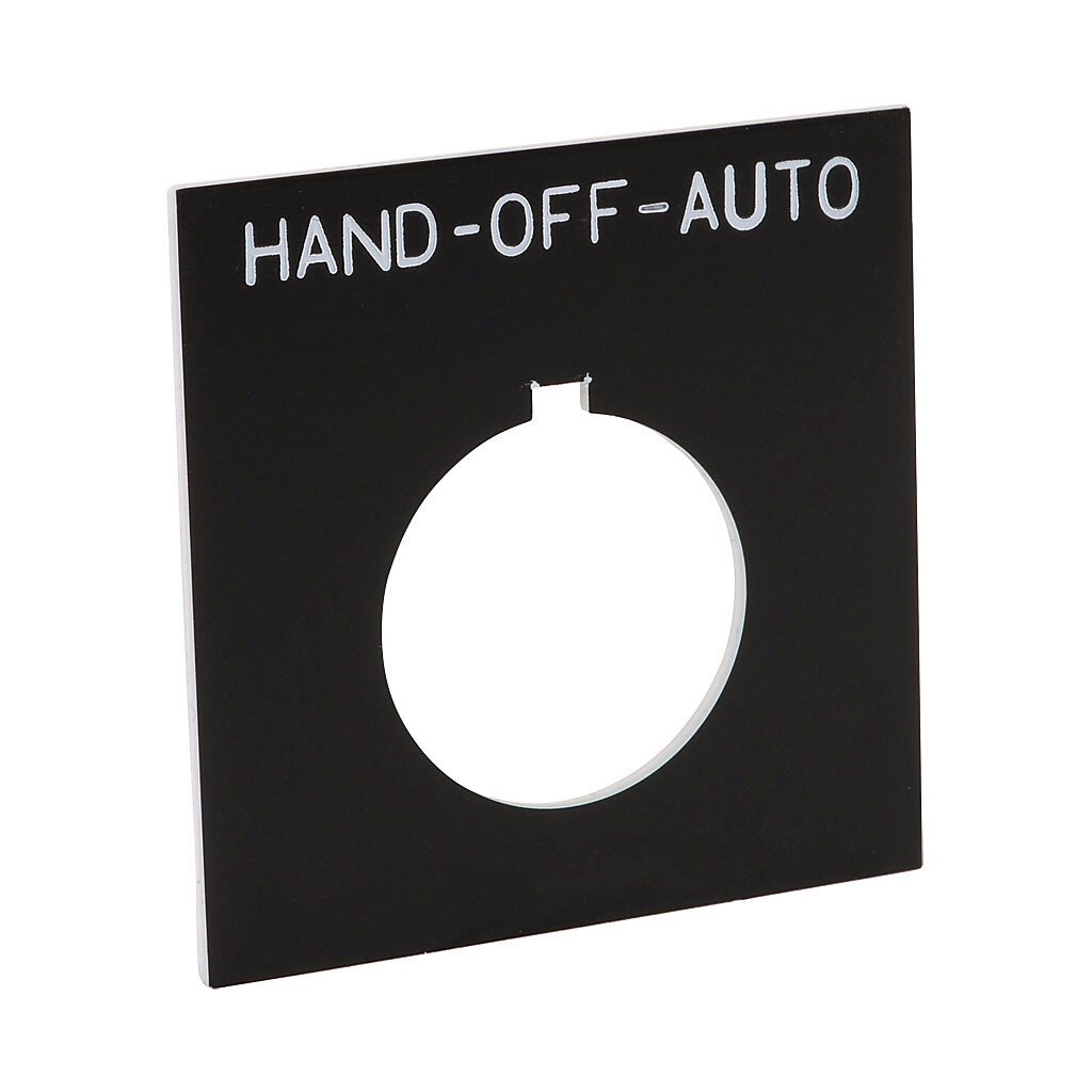 ECX1690-B20 - AutomationDirect jumbo legend plate, plastic, square, black field, black background, white engraved text, legend plate marking "HAND-OFF-AUTO". For use with 22mm pilot devices. O-ring included.