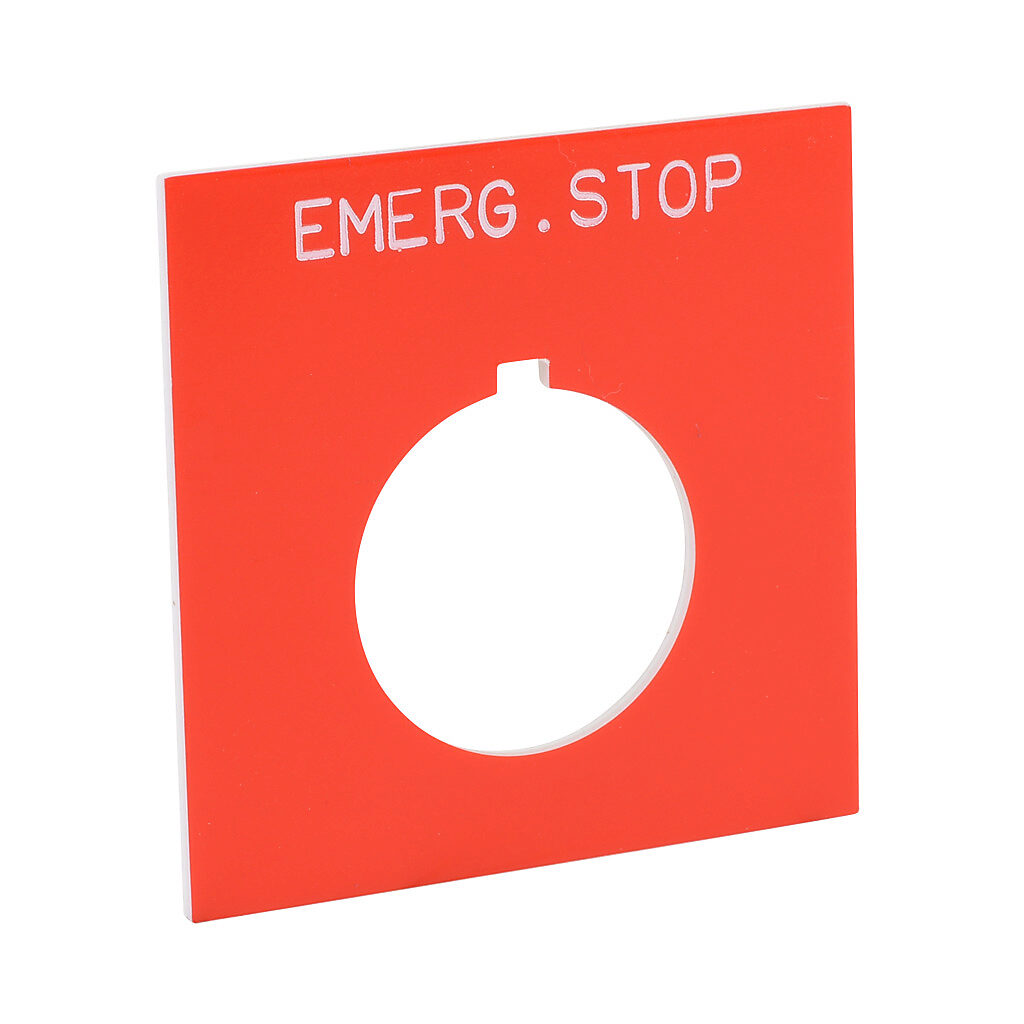 ECX1690-R03 - AutomationDirect jumbo legend plate, plastic, square, red field, red background, white engraved text, legend plate marking "EMERG. STOP". For use with 22mm pilot devices. O-ring included.