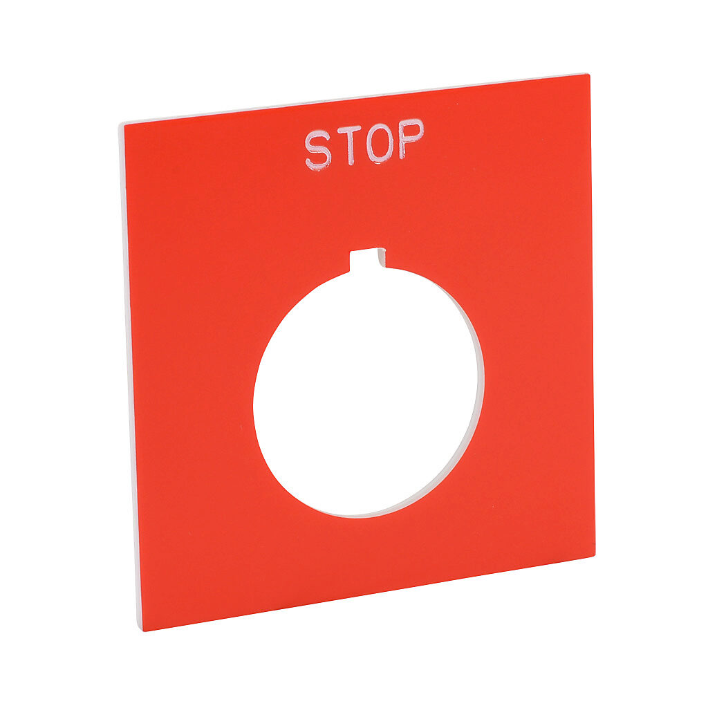 ECX1690-R11 - AutomationDirect jumbo legend plate, plastic, square, red field, red background, white engraved text, legend plate marking "STOP". For use with 22mm pilot devices. O-ring included.