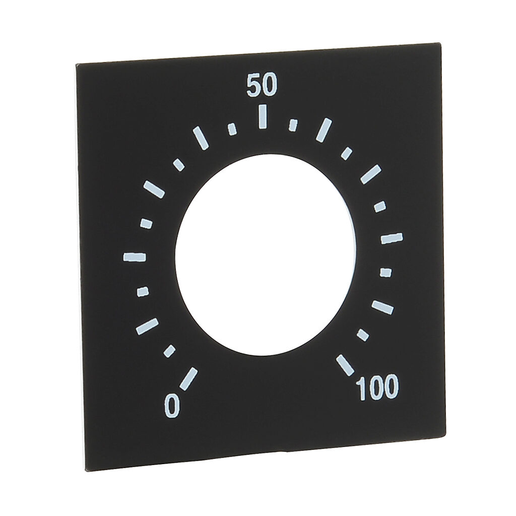 ECX2640 - AutomationDirect legend plate, plastic, square, black field, black background, white engraved text, legend plate marking "0 to 100 scale". For use with 22mm pilot devices.