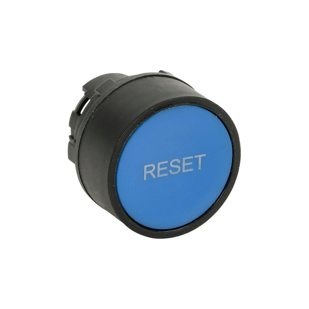 ECX4104-92 - Comepi pushbutton, IP65, 22mm, momentary, operator only, thermoplastic base, thermoplastic bezel, Operator: blue, flush, 30mm, round, plastic, operator text "RESET". Requires ECX4029-2 mounting flange and ECX10x0N-2 contact block.