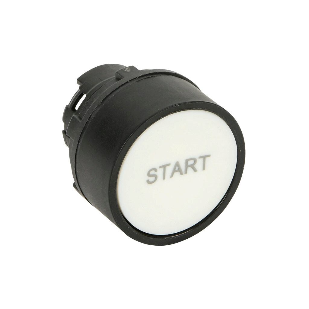 ECX4105-91 - Comepi pushbutton, IP65, 22mm, momentary, operator only, thermoplastic base, thermoplastic bezel, Operator: white, flush, 30mm, round, plastic, operator text "START". Requires ECX4029-2 mounting flange and ECX10x0N-2 contact block.