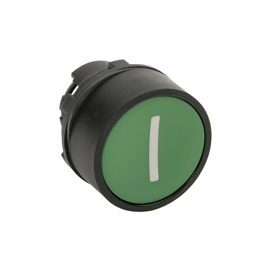 ECX4107-90 - Comepi pushbutton, IP65, 22mm, momentary, operator only, thermoplastic base, thermoplastic bezel, Operator: green, flush, 30mm, round, plastic, operator text "(I)". Requires ECX4029-2 mounting flange and ECX10x0N-2 contact block.