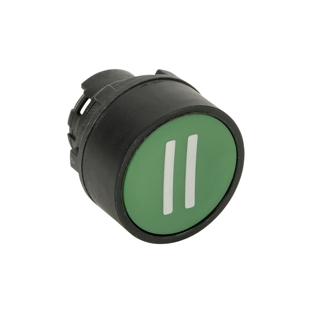 ECX4107-91 - Comepi pushbutton, IP65, 22mm, momentary, operator only, thermoplastic base, thermoplastic bezel, Operator: green, flush, 30mm, round, plastic, operator text "(II)". Requires ECX4029-2 mounting flange and ECX10x0N-2 contact block.