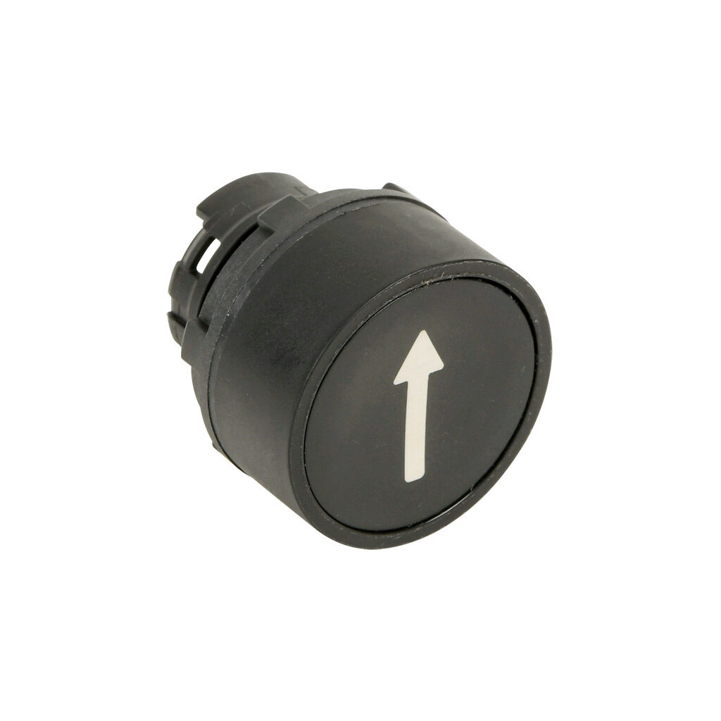 ECX4108-01 - Comepi pushbutton, IP65, 22mm, momentary, operator only, thermoplastic base, thermoplastic bezel, Operator: black, flush, 30mm, round, plastic, operator text "up arrow". Requires ECX4029-2 mounting flange and ECX10x0N-2 contact block.