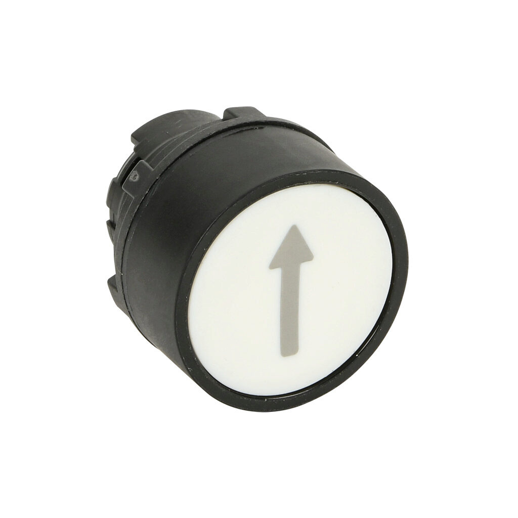 ECX4108-01-B - Comepi pushbutton, IP65, 22mm, momentary, operator only, thermoplastic base, thermoplastic bezel, Operator: white, flush, 30mm, round, plastic, operator text "up arrow". Requires ECX4029-2 mounting flange and ECX10x0N-2 contact block.