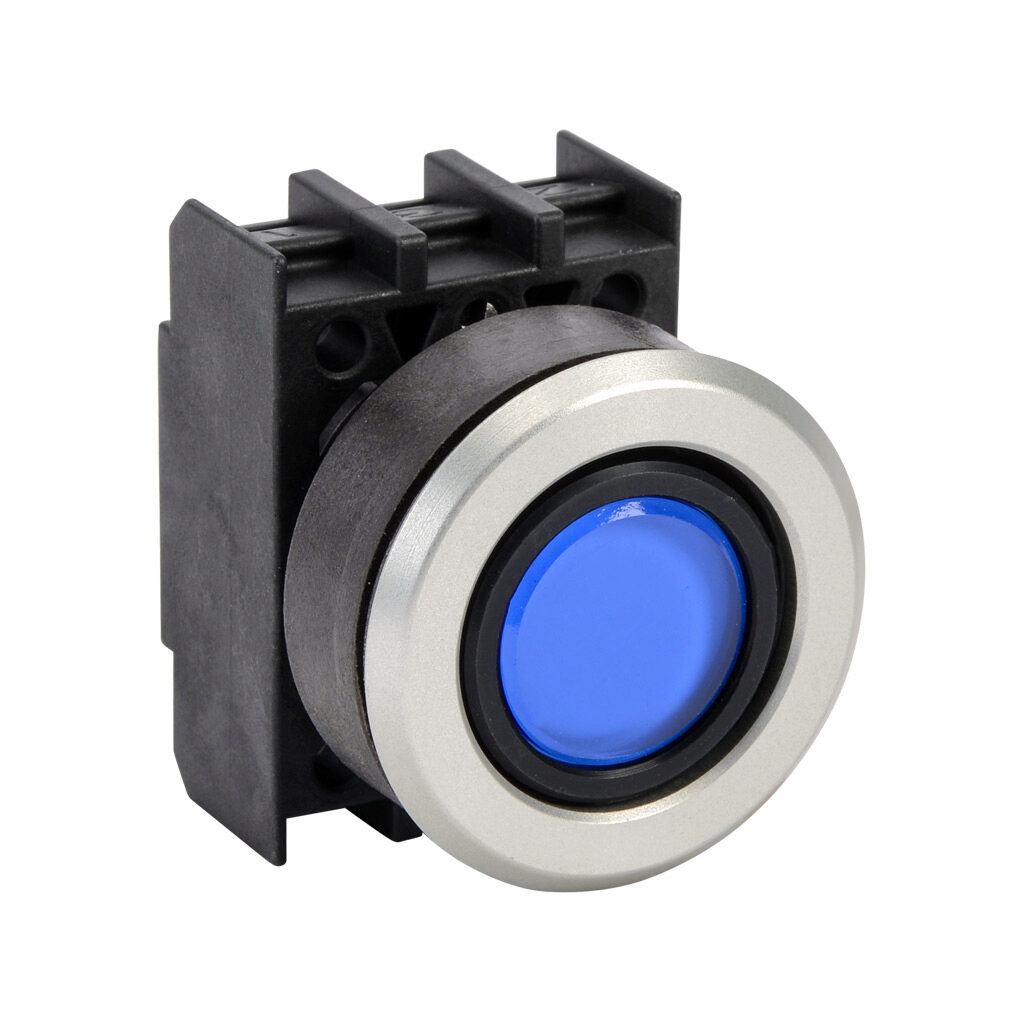 EDL.VBL - Schmersal pushbutton, IP65, 30mm, momentary, operator only, plastic base, metal bezel, Operator: blue, flush, 29.5mm, round, glass. Requires contact and light blocks.