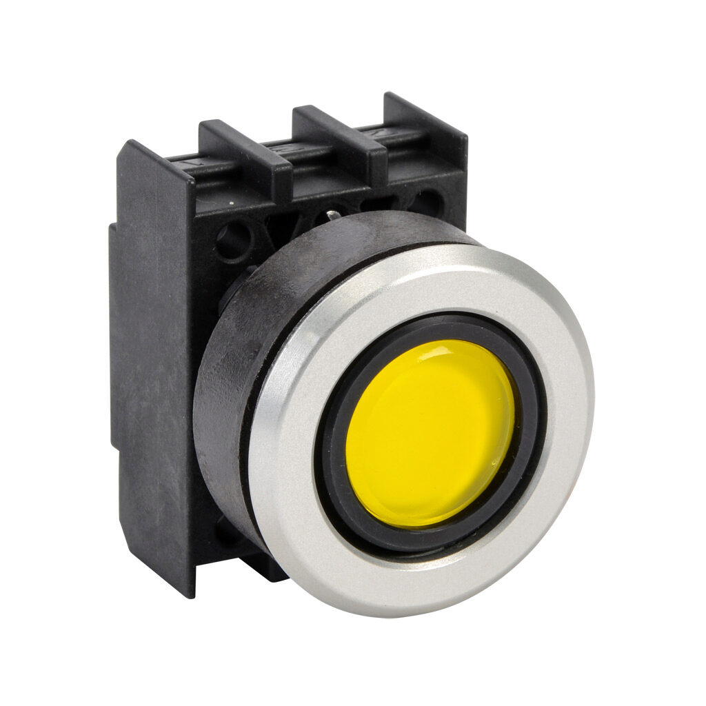 EDL.VGB - Schmersal pushbutton, IP65, 30mm, momentary, operator only, plastic base, metal bezel, Operator: yellow, flush, 29.5mm, round, glass. Requires contact and light blocks.