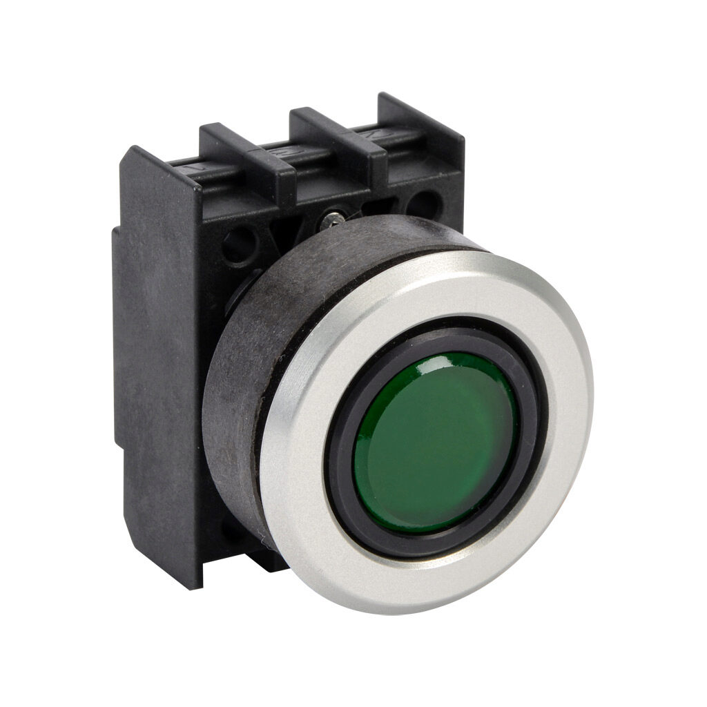 EDL.VGN - Schmersal pushbutton, IP65, 30mm, momentary, operator only, plastic base, metal bezel, Operator: green, flush, 29.5mm, round, glass. Requires contact and light blocks.