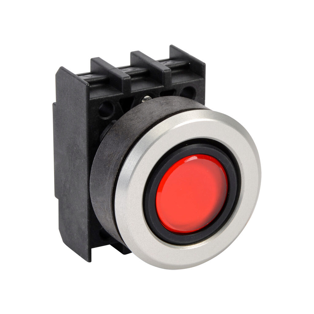 EDL.VRT - Schmersal pushbutton, IP65, 30mm, momentary, operator only, plastic base, metal bezel, Operator: red, flush, 29.5mm, round, glass. Requires contact and light blocks.