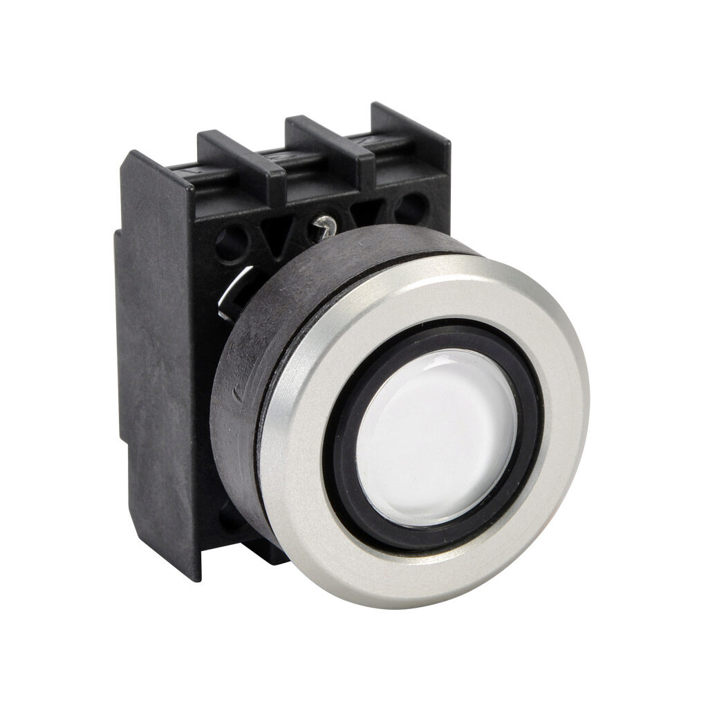 EDL.VWS - Schmersal pushbutton, IP65, 30mm, momentary, operator only, plastic base, metal bezel, Operator: white, flush, 29.5mm, round, glass. Requires contact and light blocks.