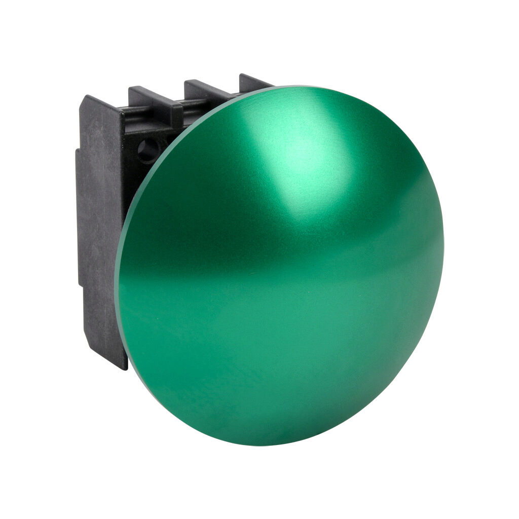 EDP55.VGN - Schmersal pushbutton, IP65, 30mm, momentary, operator only, plastic base, metal bezel, Operator: green, mushroom, 55mm, round, metal. Requires contact blocks.