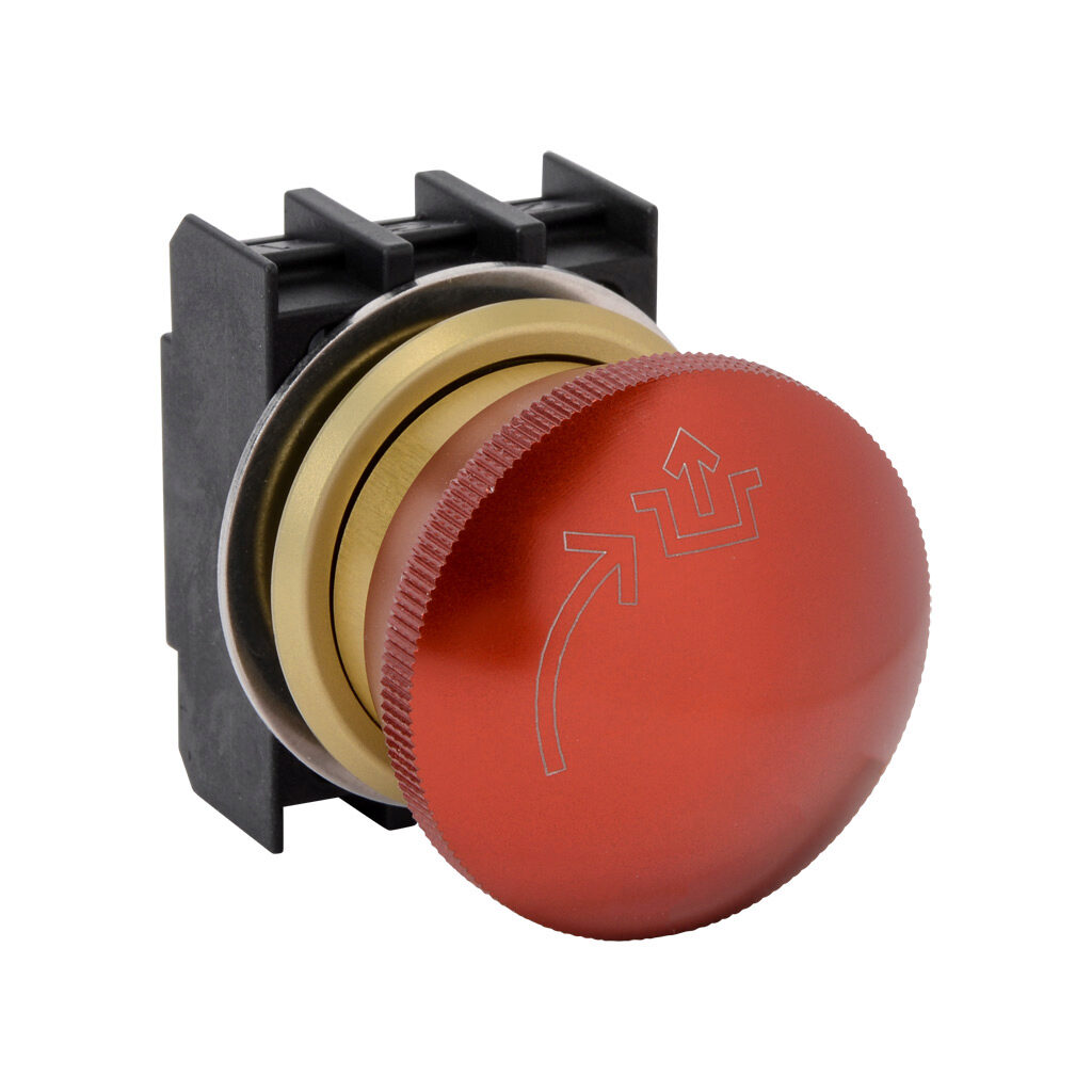 EDRR40.VHRT - Schmersal emergency stop pushbutton, IP65, 30mm, twist-to-release, operator only, plastic base, metal bezel, Operator: red, mushroom, 40mm, round, metal. Requires contact blocks and EFR spring element.