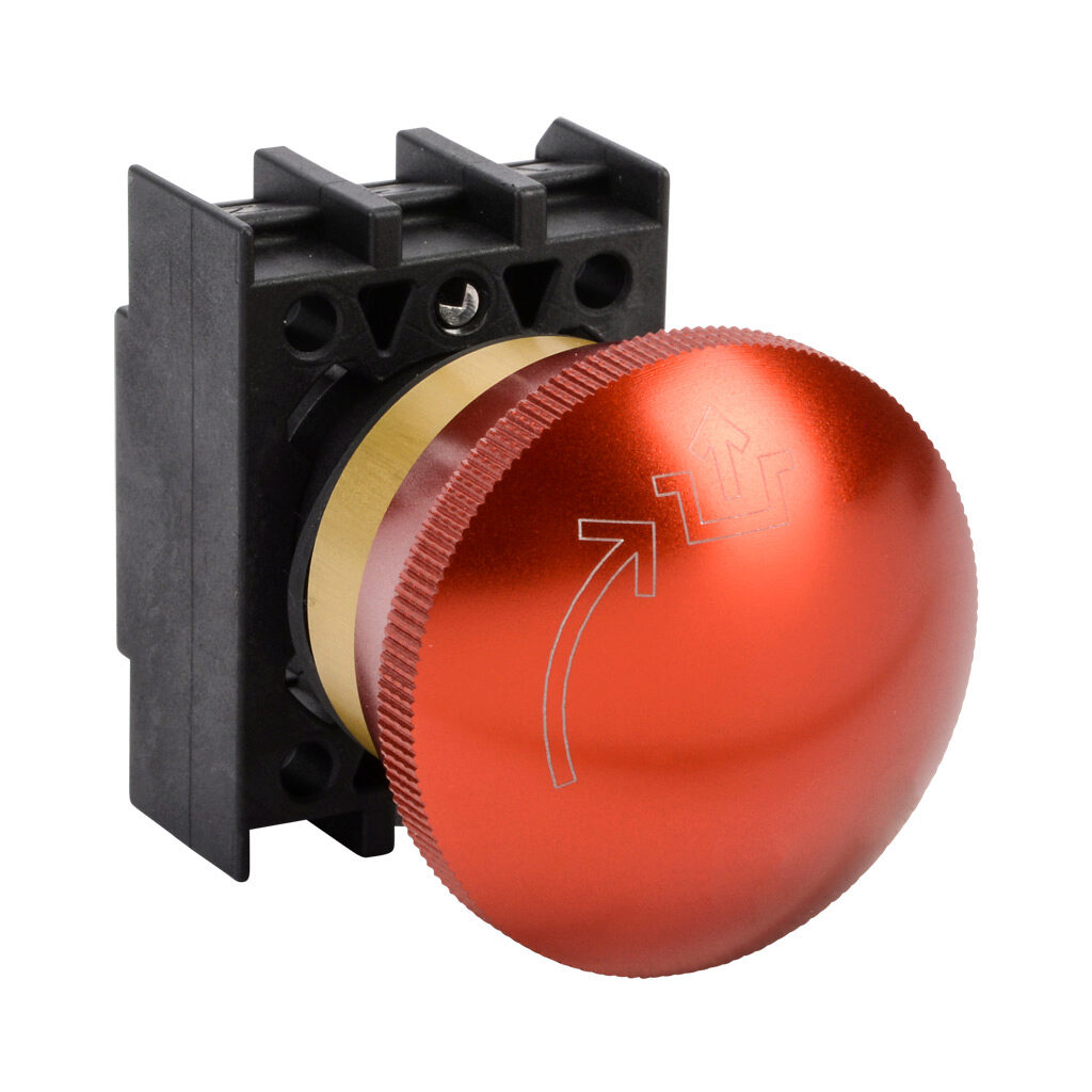 EDRR40RT - Schmersal pushbutton, IP65, 22mm, push to lock, twist and pull to reset, operator only, plastic base, plastic bezel, yellow, Operator: red, mushroom, 40mm, round, aluminum, operator text "push/pull/twist". Purchase contact blocks separa...