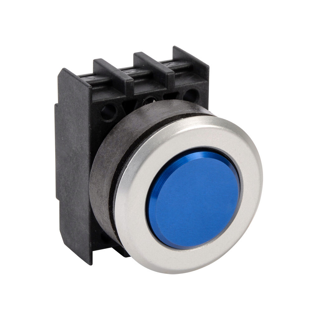 EDT.VBL - Schmersal pushbutton, IP65, 30mm, momentary, operator only, plastic base, metal bezel, Operator: blue, flush, 29.5mm, round, metal. Requires contact blocks.