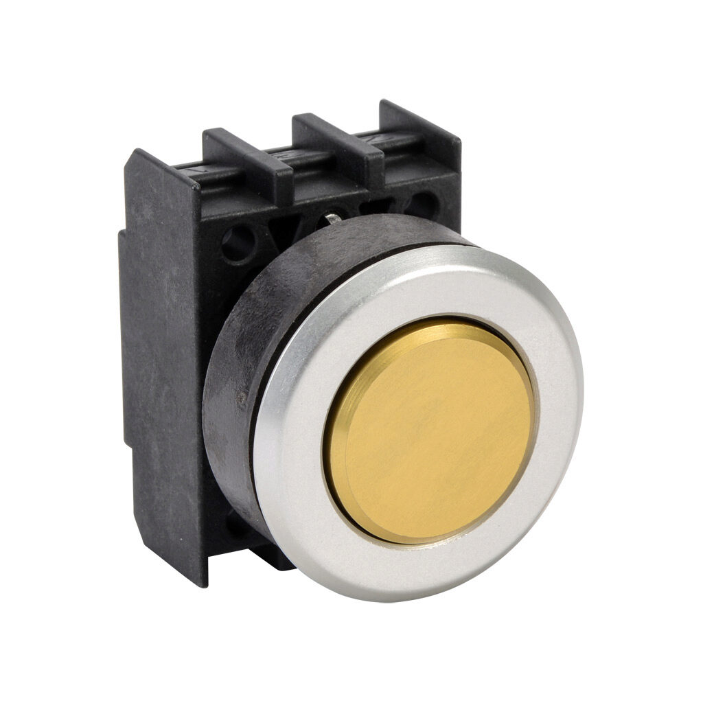 EDT.VGB - Schmersal pushbutton, IP65, 30mm, momentary, operator only, plastic base, metal bezel, Operator: yellow, flush, 29.5mm, round, metal. Requires contact blocks.