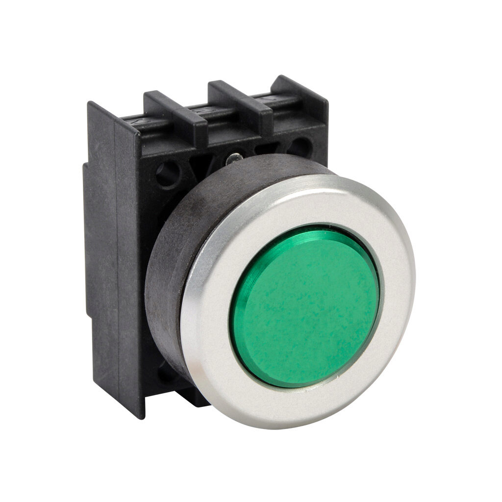 EDT.VGN - Schmersal pushbutton, IP65, 30mm, momentary, operator only, plastic base, metal bezel, Operator: green, flush, 29.5mm, round, metal. Requires contact blocks.