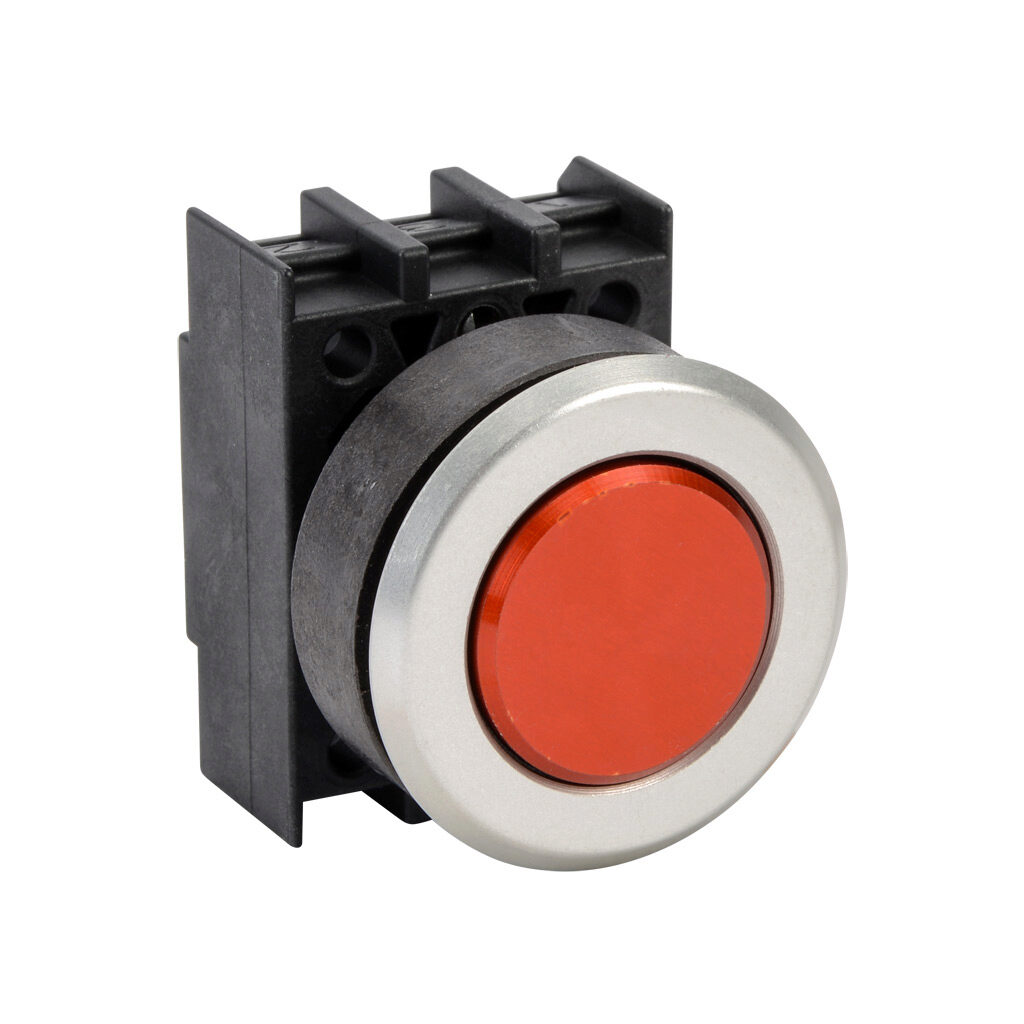 EDT.VRT - Schmersal pushbutton, IP65, 30mm, momentary, operator only, plastic base, metal bezel, Operator: red, flush, 29.5mm, round, metal. Requires contact blocks.