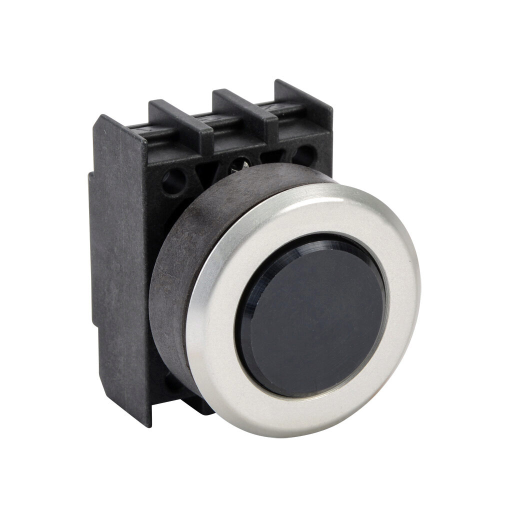 EDT.VSW - Schmersal pushbutton, IP65, 30mm, momentary, operator only, plastic base, metal bezel, Operator: black, flush, 29.5mm, round, metal. Requires contact blocks.