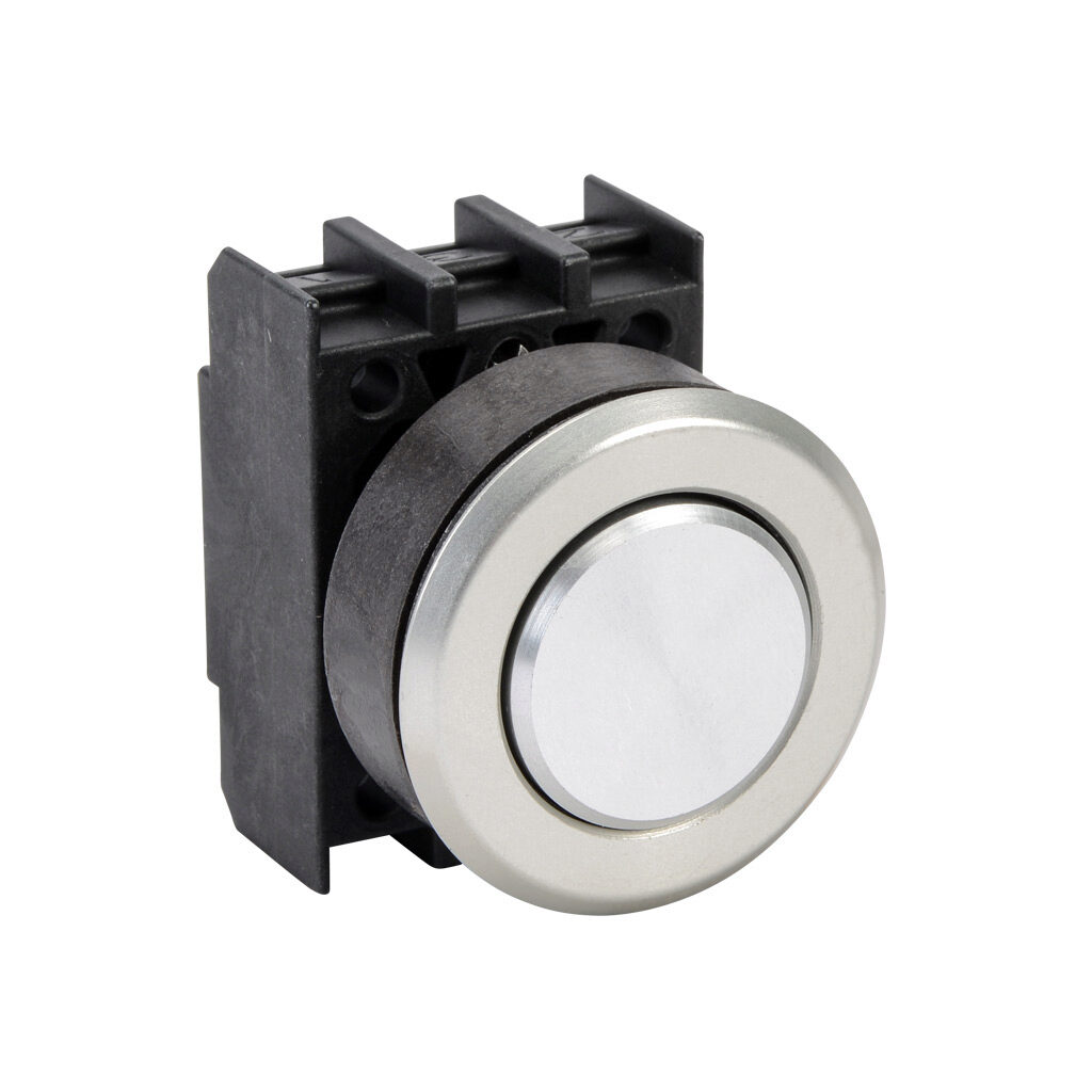 EDT.VWS - Schmersal pushbutton, IP65, 30mm, momentary, operator only, plastic base, metal bezel, Operator: white, flush, 29.5mm, round, metal. Requires contact blocks.