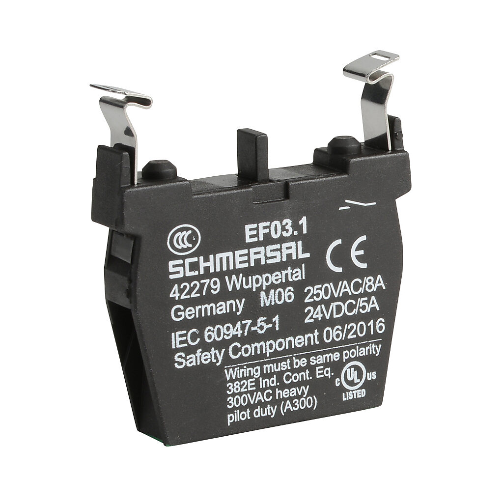 EF03.1 - Schmersal contact block, plastic, (1) N.O. contact(s), mounting position 1. For use with N series pushbuttons and switches.