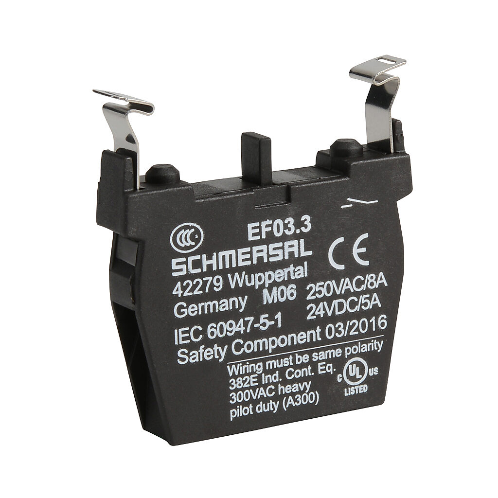 EF03.3 - Schmersal contact block, plastic, (1) N.O. contact(s), mounting position 3. For use with N series pushbuttons and switches.