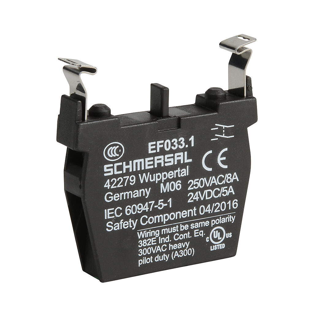 EF033.1 - Schmersal contact block, plastic, (2) N.O. contact(s), mounting position 1. For use with N series pushbuttons and switches.